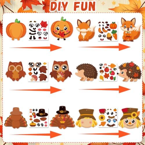 Fall Crafts for Kids Adults 24 Sets DIY Animal Ornament Thanksgiving Stickers Make Your Own Turkey Scarecrow Pumpkin Owl Arts and Crafts Decorations for Autumn Harvest Home Classroom Party Favors