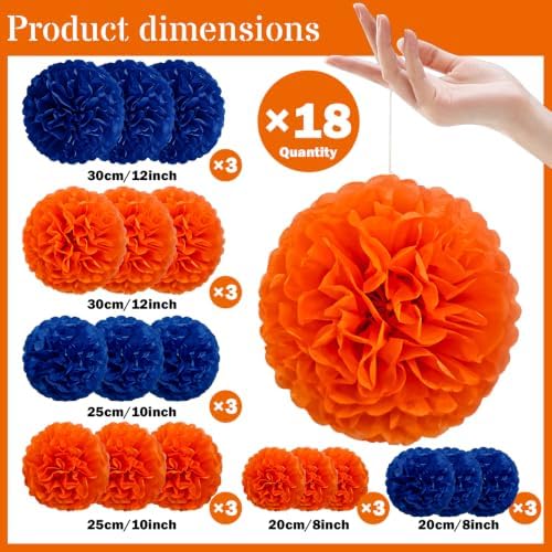 Recosis Blue Orange Party Decorations, 18 Pcs Paper Pom Poms Decorations