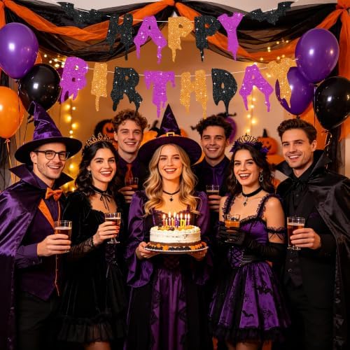 Glitter Happy Birthday Halloween Banner - NO DIY - Halloween Hanging Paper Garland Bunting Banner Decorations, Party Supplies for Kids Boy Girl Birthday Black Purple Orange