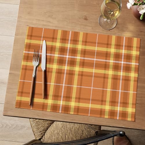 Artoid Mode Orange Striped Check Thanksgiving Vinyl Placemats Set of 4, Heat Resistant Non-Slip Woven Plastic PVC Place Mat for Party Kitchen Dining Decor