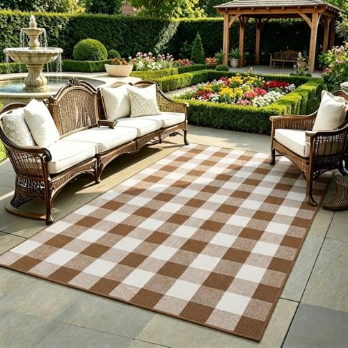 SEEKSEE Fall Decor Buffalo Plaid Rug 4' x 6' Coffee and White Large Front Door Mat, Layering Area Rug, Fall Rug for Outdoor Patio Entryway Indoor Living Room Kitchen Dining Room Decor