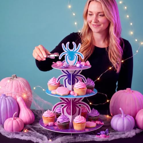 3 Tier Spider Cupcake Stand Decoration Pink Spider Cupcake Tower Purple Blue Spiderweb Table Decoration Hero Theme Dessert Holder Table Display for Hero Birthday Party Baby Shower Supplies