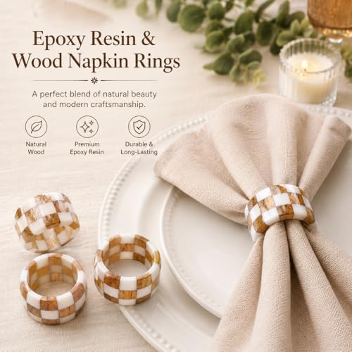 CLEENTABLE Resin & Wood Napkin Rings, Set of 8, White