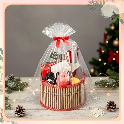 Weysat 12 Set Baskets for Gifts Empty Bulk, Large Woven Bamboo Gift Basket Kit with Handles, Bow, Wrap Bag to Fill for Raffle Thanksgiving Day Wedding Birthdays Party Wrapping (Red)