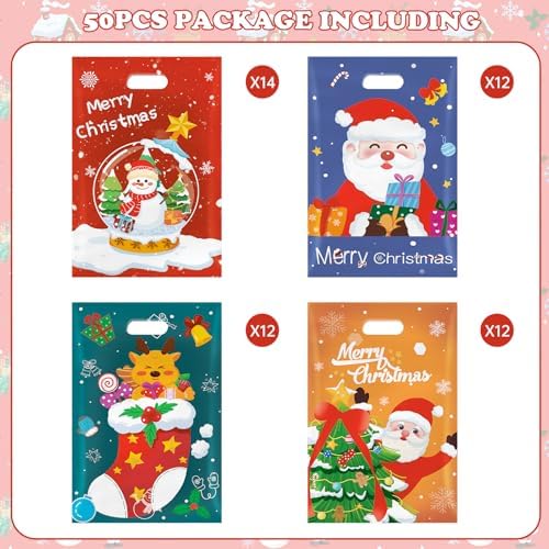 Litmitfu 50 Pcs Christmas Gift Bags with Handles, Plastic Merry Christmas Goodie Bags Bulk, Winter Candy Treat Tote Goody Cookie Party Favor Bag for Xmas Holiday Party Favors Supplies, 4 Styles