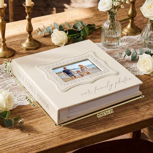 Dunzoom Our Family Photo Album 200 Pcs 4x6 Inch Leather Wedding Anniversary Album with Front Window Double Heart Design Couple Gifts
