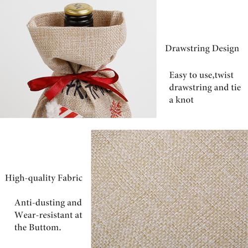 TEBIEKOY Christmas Wine Bags Festive Burlap Wine Bottle Gift Bags with Drawstring Reusable Wine Bottle Covers for Xmas Christmas Holiday Packaging for Wine, Champagne, Gifts & Party Decor (2-Pack)