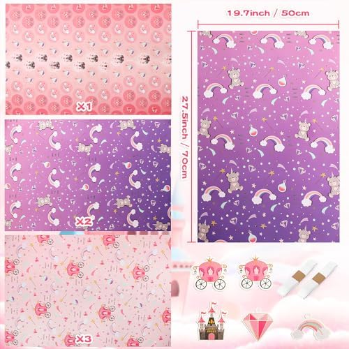 Edunass Wrapping Paper Girls Birthday Wrapping Paper Sheets,Purple Castle Pink Gift Wrapping Paper Set Gift Wrap Birthday Paper(6 Sheets 28" Lx20 W per Sheet)