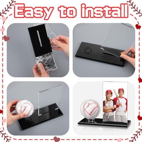 Colingmill Red Heart Baseball Dad Gifts Picture Frame and Baseball Display Case Set Ball and Card Holder for Dad Husband Boyfriend Home Office Table Decoration