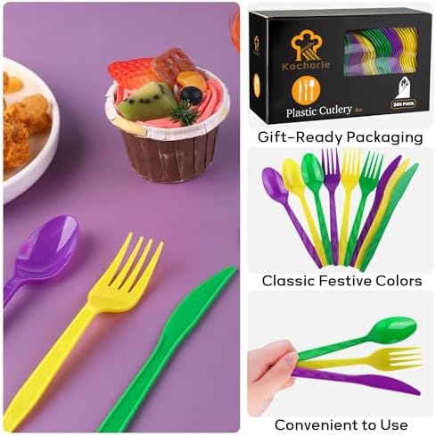 Kochorie 90 Pieces Mardi Gras Plastic Cutlery Set, Purple Yellow Green