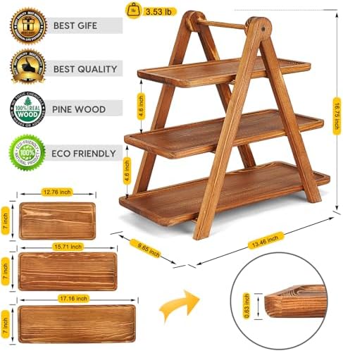 Manspdier Extra Large Wood 3 Tier Serving Tray Three Tiered Cupcake Stand, Rectangle Serving Platter Wooden Farmhouse Tiered Tray, Party Serving Brown Decorative Tray Decor