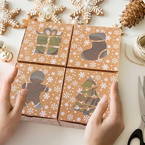 DERAYEE 24Pcs Christmas Cookie Boxes with Window, Holiday Bakery Gift Boxes Small kraft Boxes for Packaging Cupcakes, Candy, Goodies
