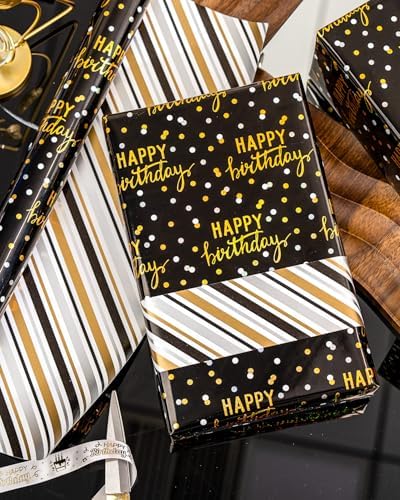 MAYPLUSS Birthday Wrapping Paper Roll, Black Metallic Holographic Happy Birthday Wrapping Paper Featuring Revesible Stripe Gift Wrap Paper for Boys Kids Girls Men, 17 Inches x 33 Feet