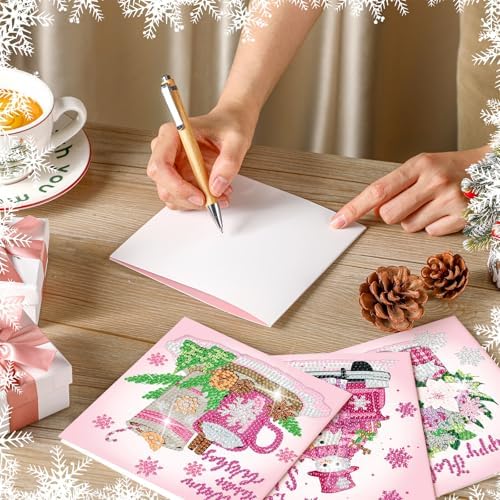 Saillong 12 Pack Pink Winter Diamond Painting Greeting Card Kits Winter Diamond Art Cards with Envelopes Snowman 5D Rhinestones Painting Making Kits for Adults DIY Craft Family Friend Holiday Gifts