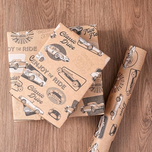 Ulmasinn Vintage Sports Car Wrapping Paper Roll, Kraft Gift Wrap with Retro Racing Car Design, 17 Inch x 33 Feet, Birthday Wrapping Paper for Boys, Men, Car Lovers, Father's Day, Racing Party Gifts