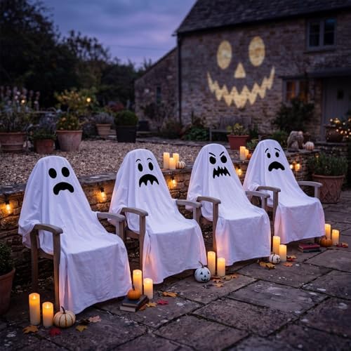 Frienda 4 Pcs Halloween Ghost Chair Covers Spooky Face Slipcovers 59 x 59"