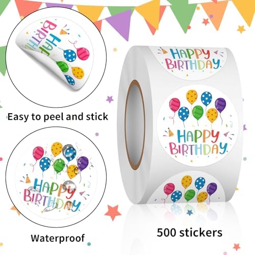 Heyfibro 500 PCS 1.5 Inch Happy Birthday Sticker for Party, Gift Packing, Envelope Sealing, Baby Shower(Balloon)