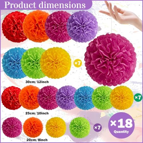 Recosis Fiesta Party Decorations, 18 Pcs Multicolor Paper Pom Poms