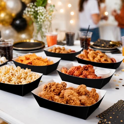 100 Pcs Black Paper Food Trays, Pre-Folded Disposable Food Boats for Popcorn, Candy, Fries, Nachos, Snacks, Black Party Serving Trays for Birthday, Movie Night, Halloween, BBQ Supplies