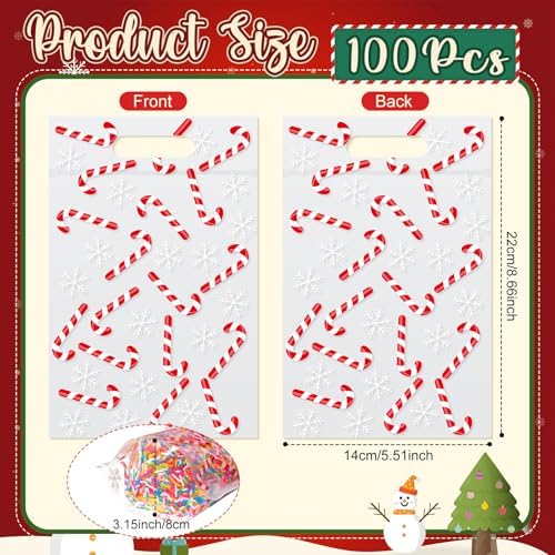 Engrowtic 100 Pcs Christmas Treat Bags Resealable Christmas Zipper Bags Candy Cane Plastic Gift Bag Holiday Bag with Handles for Xmas Party Favor Wrapping Supplies