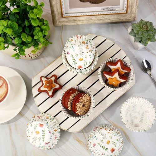 Whaline 300Pcs Floral Cupcake Liners Spring Flowers Paper Baking Cups Colorful Wildflower Muffin Liner Cupcake Wrappers for Baby Shower Bridal Shower Wedding Party Baking Supplies, 2 x 1.2 Inch