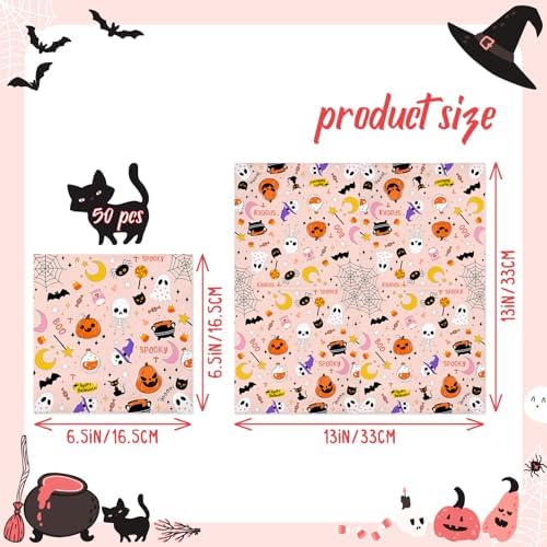50Pcs Halloween Pink Paper Napkins - 2-Ply, 6.5×6.5 Inches