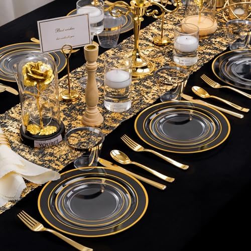 WELLIFE Clear Plates with Gold Trim, 600-Piece Plastic Dinnerware Set