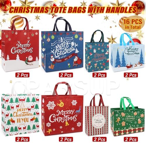 PARSUP 16PCS Christmas Gift Bags with Handles, Assorted Sizes Tote for Treat, Non-Woven Christmas Bags for Gift Wrapping, Xmas Party Supplies