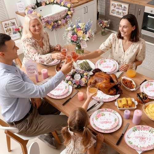 24 Pcs Happy Mother's Day Plates Set - Pink Love You Mom Paper Plate, Disposable Flowers Mothers Day Round Dinner Dessert Plates Tableware for Mother Days Party Supplies Favors Table Decorations