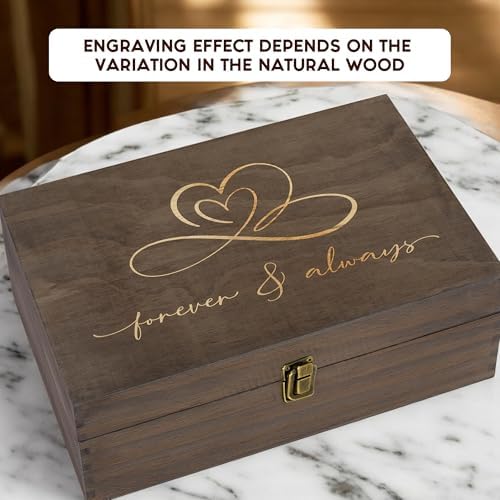 Rustic Wooden Memory Box – Medium Keepsake Storage Box with Double-Sided Engraving – “Forever & Always” Outside & “Every Love Story…” Inside – Personalized Gift for Couples, Wedding, Anniversary