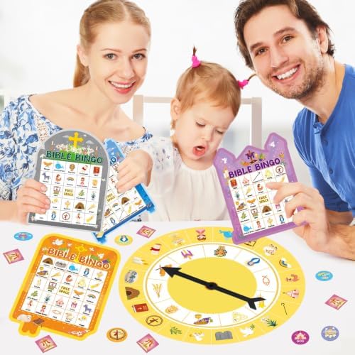 Easter Bible Bingo Game for Adults 24 Players Easter Bible Games for Kids Christian Supplies Cross Bingo Cards with Turntable Reward Stickers for Christian Party Activities Home Family Game