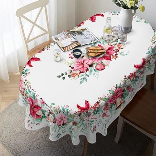 Christmas Tablecloth Pink Xmas Decorations Waterproof Tablecloths Table Covers for Dinner Kitchen Dining Table Party Holiday Decor 60"x 84" Oval