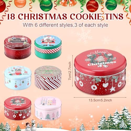 LemonRoad 18 Pack 5.2 Inch Round Christmas Cookie Tins with Lids for Gift Giving Holiday Treats, Metal Empty Candy Tin Containers, Small Xmas Cookie Jar for Baking Party Favors(Classic Style)
