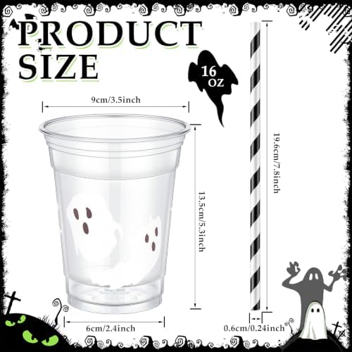 Jingmore 50 Set Halloween Ghost Lattes Plastic Cup 16 oz with Lid and Straw