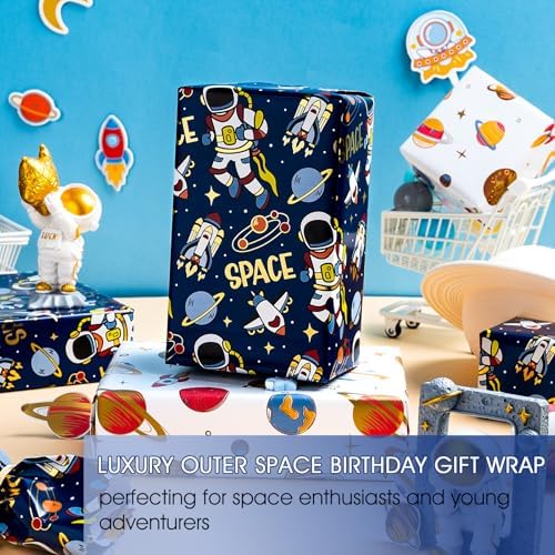 Yarcony Space Wrapping Paper Roll, Birthday Wrapping Paper for Boys, Navy Blue Astronaut Gift Wrap for Kids Birthday Outer Space Party Decor RocketShip Wrap Galaxy Planets Stars (30 Inch X 33 Feet)