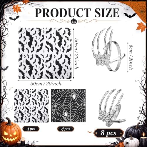 Qinyoung 8 Sets Halloween Cloth Napkins and Skeleton Claw Napkins Rings