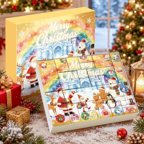 XiaosRen 2026 Christmas Advent Calendar Box Set DIY - 24 Days of Empty Gift Boxes with Number Stickers to Fill for Kids, Family & Friends - Watercolor Gold Background Ice Castle Santa Cartoon Design