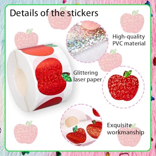 500Pcs Back to School Apples Stickers Roll Red Laser Sparkly Apples Label 1in Waterproof Decals Self-Adhesive Holographic Stickers for Envelope Scrapbook Decor First Day of School Party Supplies