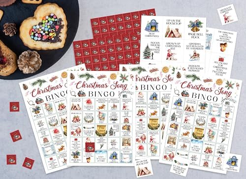Christmas Bingo Game, Christmas Song Party Game Cards for Adults, 24 Players Winter Holiday Activities for Family Friends, Large Xmax Musical Party Party Supplies Favor Decor, (004)