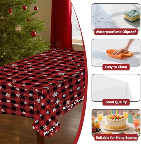 8 Pack Christmas Red Checkered Snowflake Plastic Tablecloth 54" x 108" Disposable Christmas Table Cloths for 6 to 8 Foot Tables Rectangle Table Cover for Parties (Red Checkered Snowflake, Rectangle)