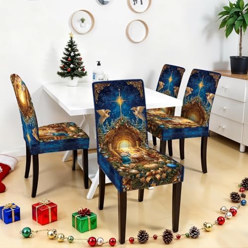 Nativity Scene Chair Covers Set of 4, Stretchable Dining Chair Slipcovers with Christmas Angels and Star for Holiday Décor