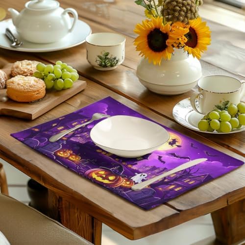Purple Halloween Placemats Set of 4 Castle Witch Bats Pumpkin Spooky Place Mats Farmhouse Fall Holiday Table Mats for Party Kitchen Dining Outdoor Indoor Decor