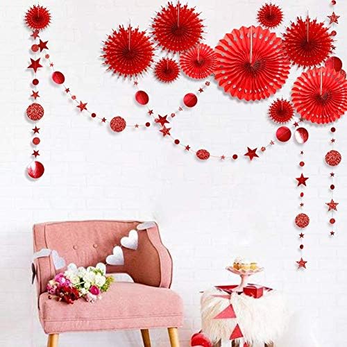 Decor365 Red Party Decorations Chinese New Year Tissue Pompom Paper Fan Hanging Decor Birthday Party Garland Glitter Circle Dots Garland Steamer Banner Backdrop for Girls Wedding Valentines Day