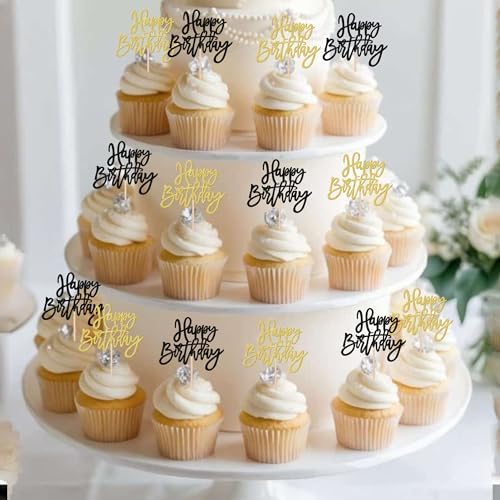 24 PCS Happy Birthday Cupcake Toppers Glitter Happy Birthday Cupcake Picks for Celebrating Anniversary Theme Party Cake Decorations Supplies Black Gold