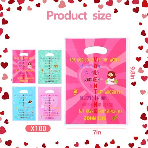 EUVBOKW 100 Pcs Religious Valentine's Day Gift Bags,Valentine Treat Bags John 3:16 Bible Verse Christian Party Favors,Ideal for Classroom and Sunday School