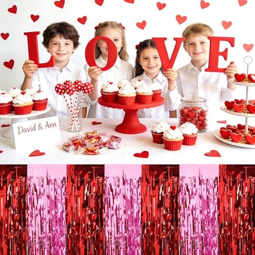 4Pcs Valentines Day Table Skirt Galentines Decorations Foil Fringe