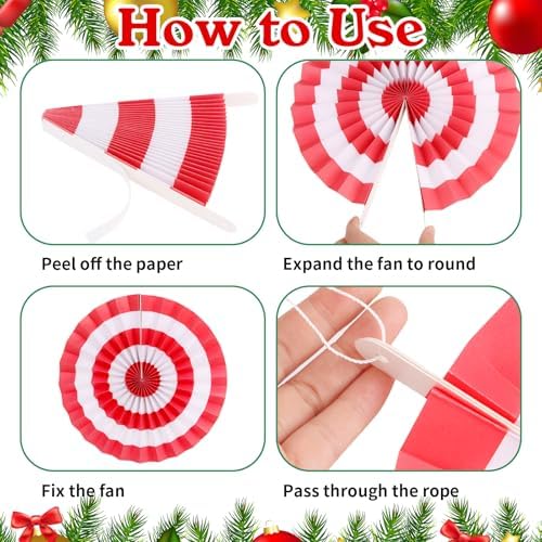 FOIMAS Christmas Hanging Paper Fan Decoration, 12pcs Peppermint Candy Hanging Fans for Ceiling Wall Classroom Mantle Xmas Candyland Holiday Party Supplies, Red and Green