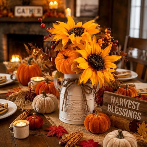 Fall Thanksgiving Centerpieces for Dinner Tables, Faux Floral Metal Potted Plants with Maple Leaf Pumpkin Berry Stems, for Indoor Kitchen Home Autumn Farmhouse Mantel Decor