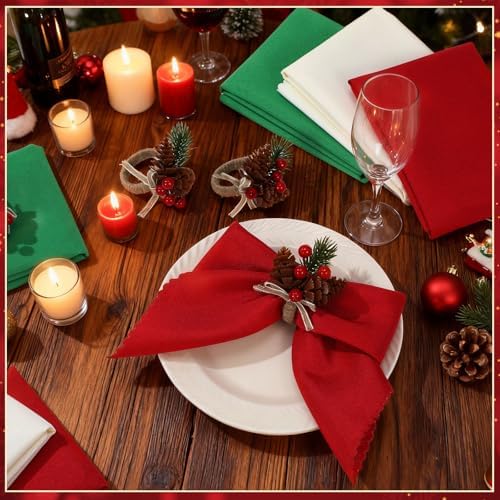 LemonRoad 36 Pcs Christmas Cloth Napkins and Napkin Ring Holders, Reusable Fabric with Pine Needle Red Fruit Napkin Rings for Xmas Table Decor, Banquet, Holiday Dinner Party, Wedding Party Supplies