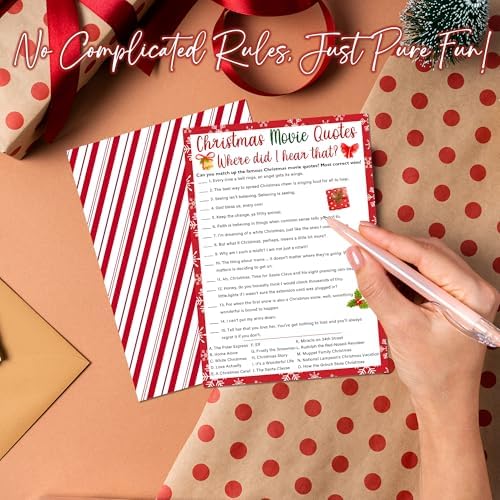 Christmas Movie Quotes Game Card - 20 Game Cards With 1 Answer Card - Xmas Film Party Funny Activity for Family, Adults & Teens - Holiday Christmas Party Supplies & Decor(Red & White Stripe)-A02